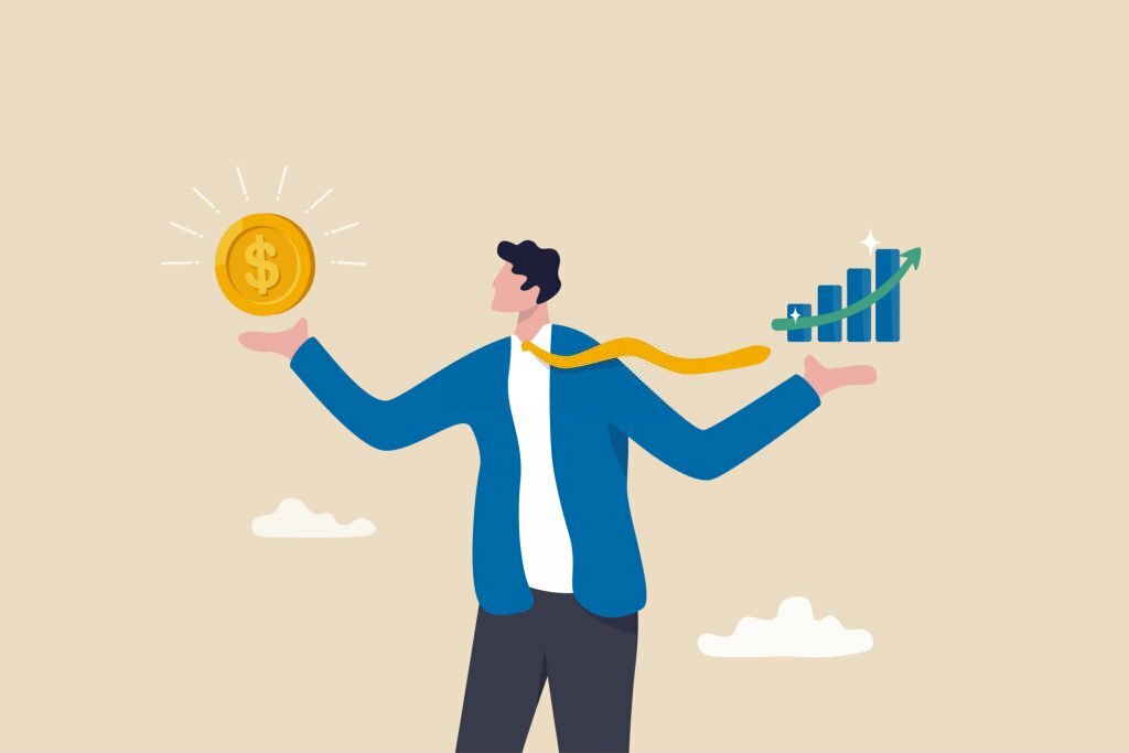 A comparison of value stocks vs growth stocks, a professional choosing assets for earning or profit in the market, and a businessman comparing value stocks vs growth stocks.