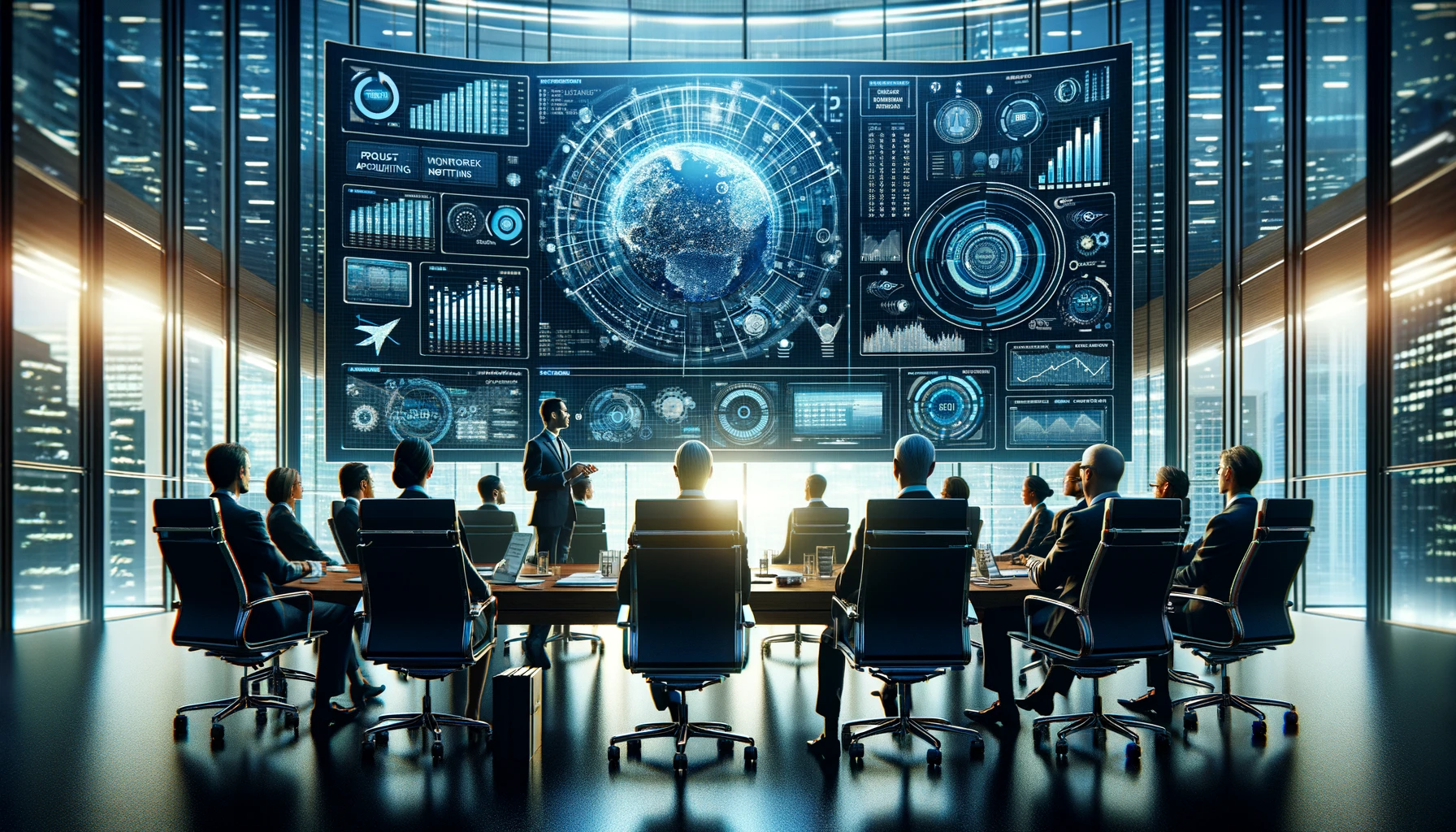 This visual portrays a high-tech corporate boardroom scene where top executives are engaged in strategic planning using advanced analytics and tools for project accounting, network monitoring, and more.