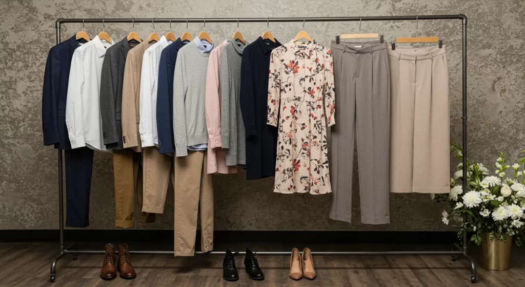 Outfit suggestions for a Celebration of Life. A clothing rack showcases smart casual and muted color options for men and women, guiding what to wear to a Celebration of Life.