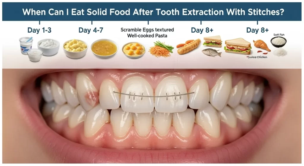when can i eat solid food after tooth extraction with stitches